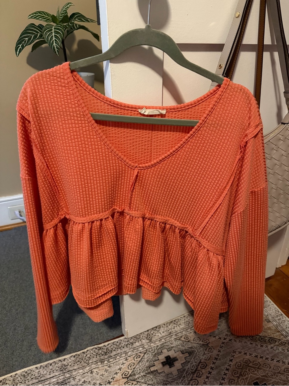 Altar'd State Coral Waffle Knit Peplum Long Sleeve Top